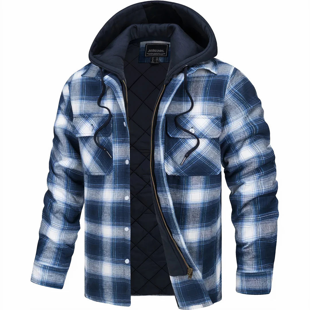 Plaid Hooded Jacket for Men | Layered Zip & Button Design
