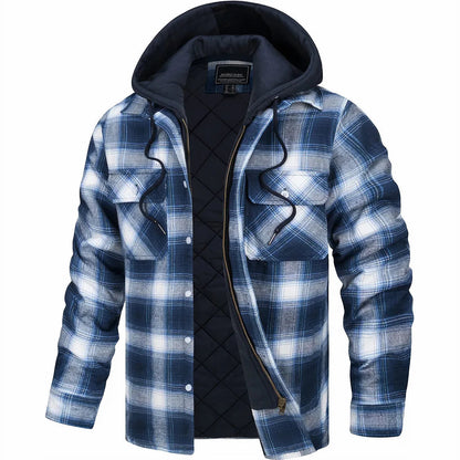 Plaid Hooded Jacket for Men | Layered Zip & Button Design