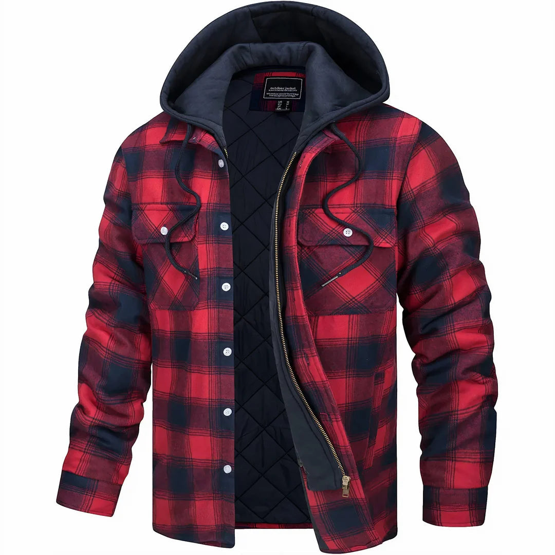 Plaid Hooded Jacket for Men | Layered Zip & Button Design