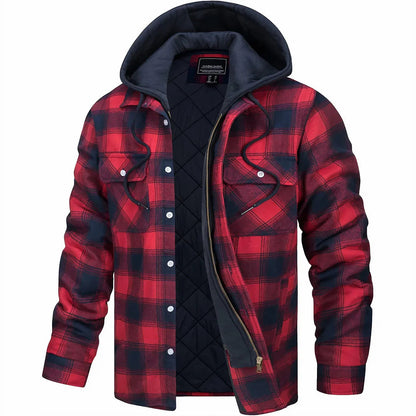 Plaid Hooded Jacket for Men | Layered Zip & Button Design
