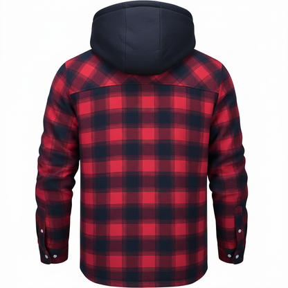 Plaid Hooded Jacket for Men | Layered Zip & Button Design