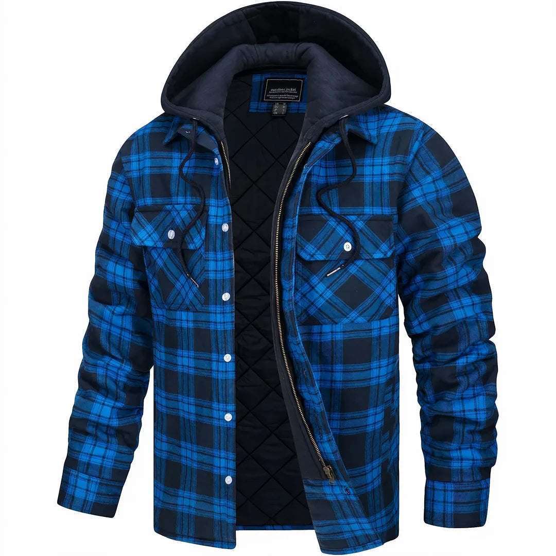 Plaid Hooded Jacket for Men | Layered Zip & Button Design