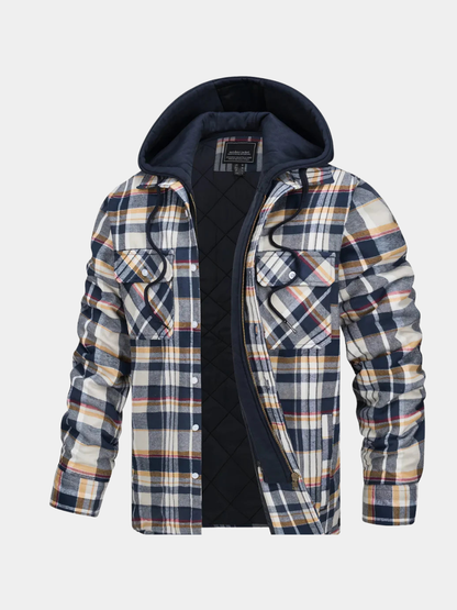 Plaid Hooded Jacket for Men | Layered Zip & Button Design