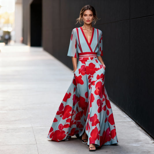 Women’s Light Blue & Red Floral Maxi Dress – Deep V-Neck, Short Sleeve, Contrast Waist