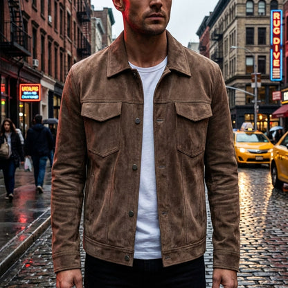 Classic Button-Up Leather-Style Jacket for Men | Timeless Utility Design