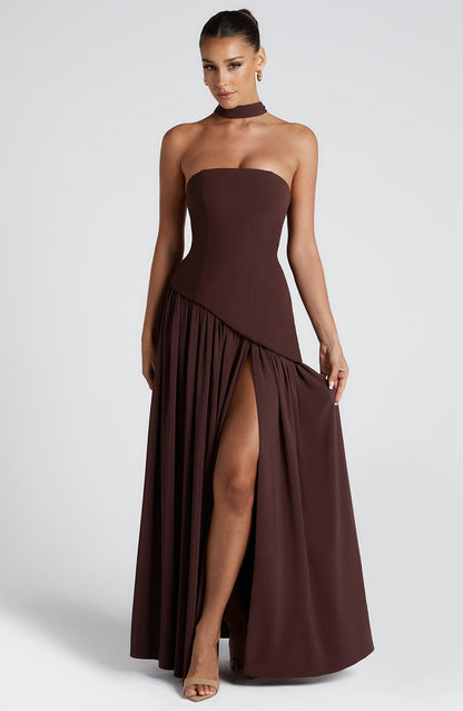 Elegant Evening Gown for Women | Strapless Corset Fit & Flowy High Slit Skirt