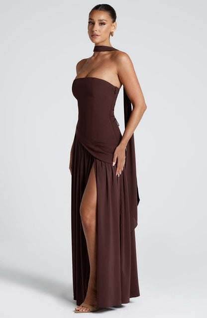 Elegant Evening Gown for Women | Strapless Corset Fit & Flowy High Slit Skirt