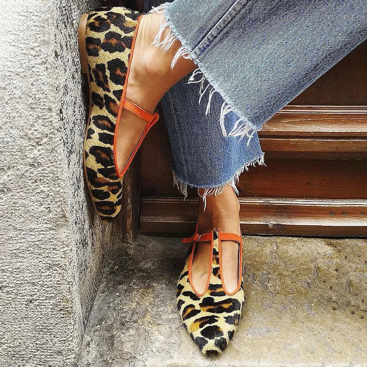 Chic Animal Print T-Strap Flats for Women | Pointed Toe Slip-On Shoes