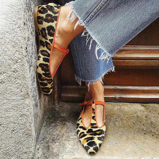 Chic Animal Print T-Strap Flats for Women | Pointed Toe Slip-On Shoes