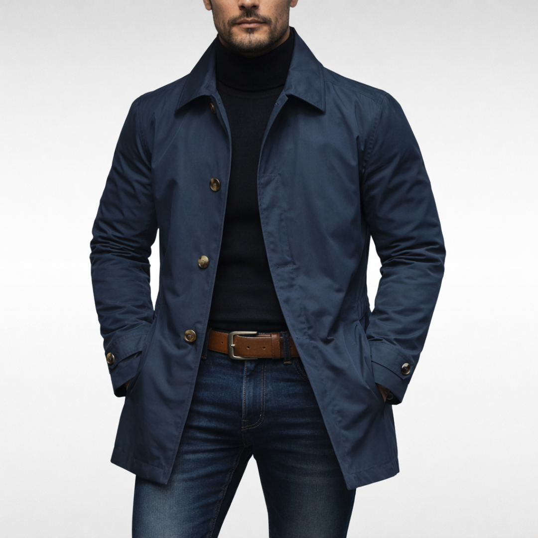 Modern Tailored Trench Coat for Men | Button-Up Mid-Length Design