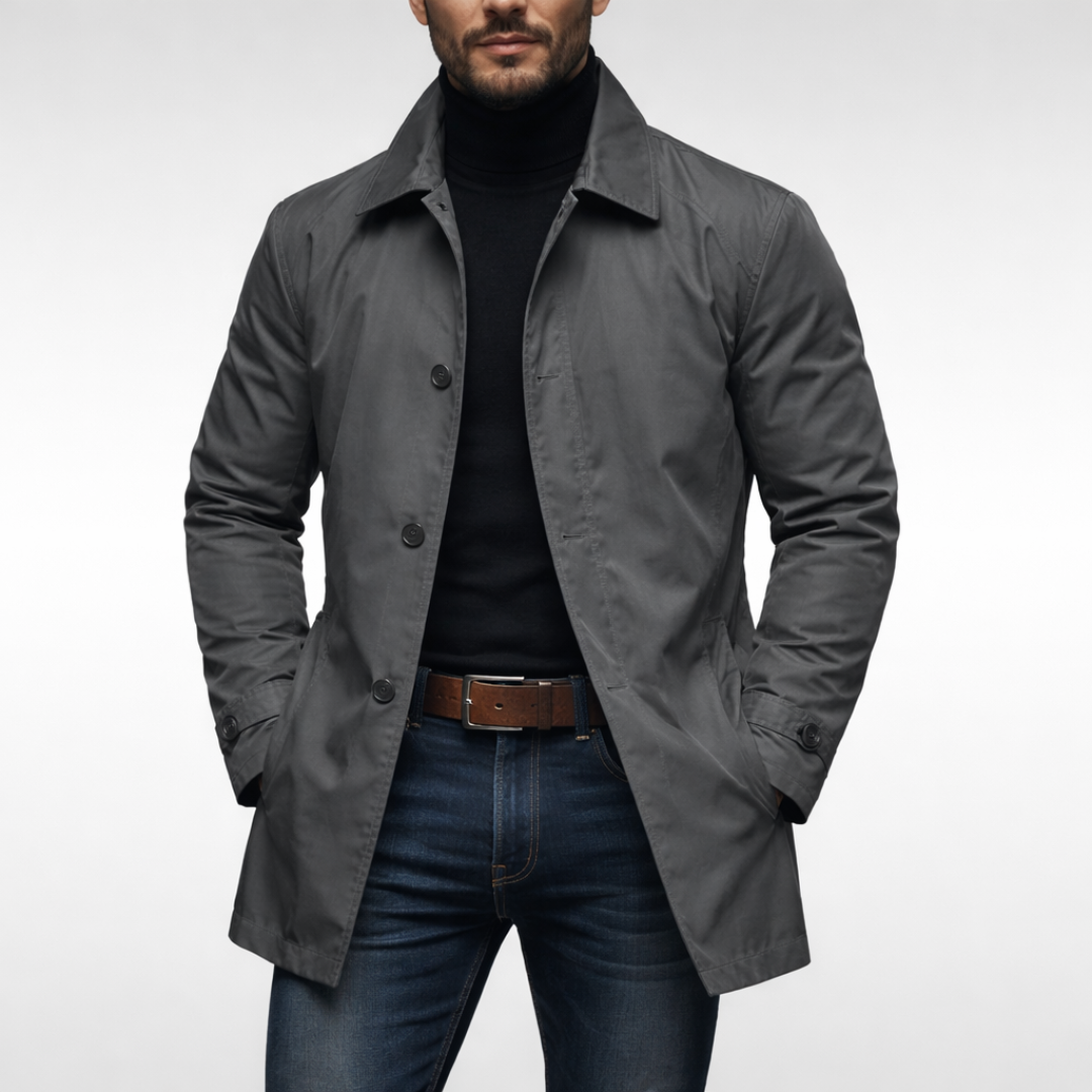 Modern Tailored Trench Coat for Men | Button-Up Mid-Length Design