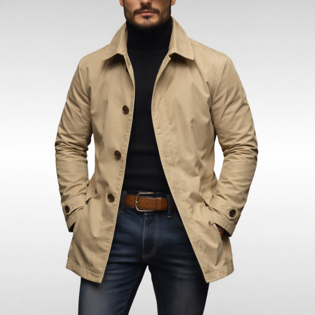Modern Tailored Trench Coat for Men | Button-Up Mid-Length Design