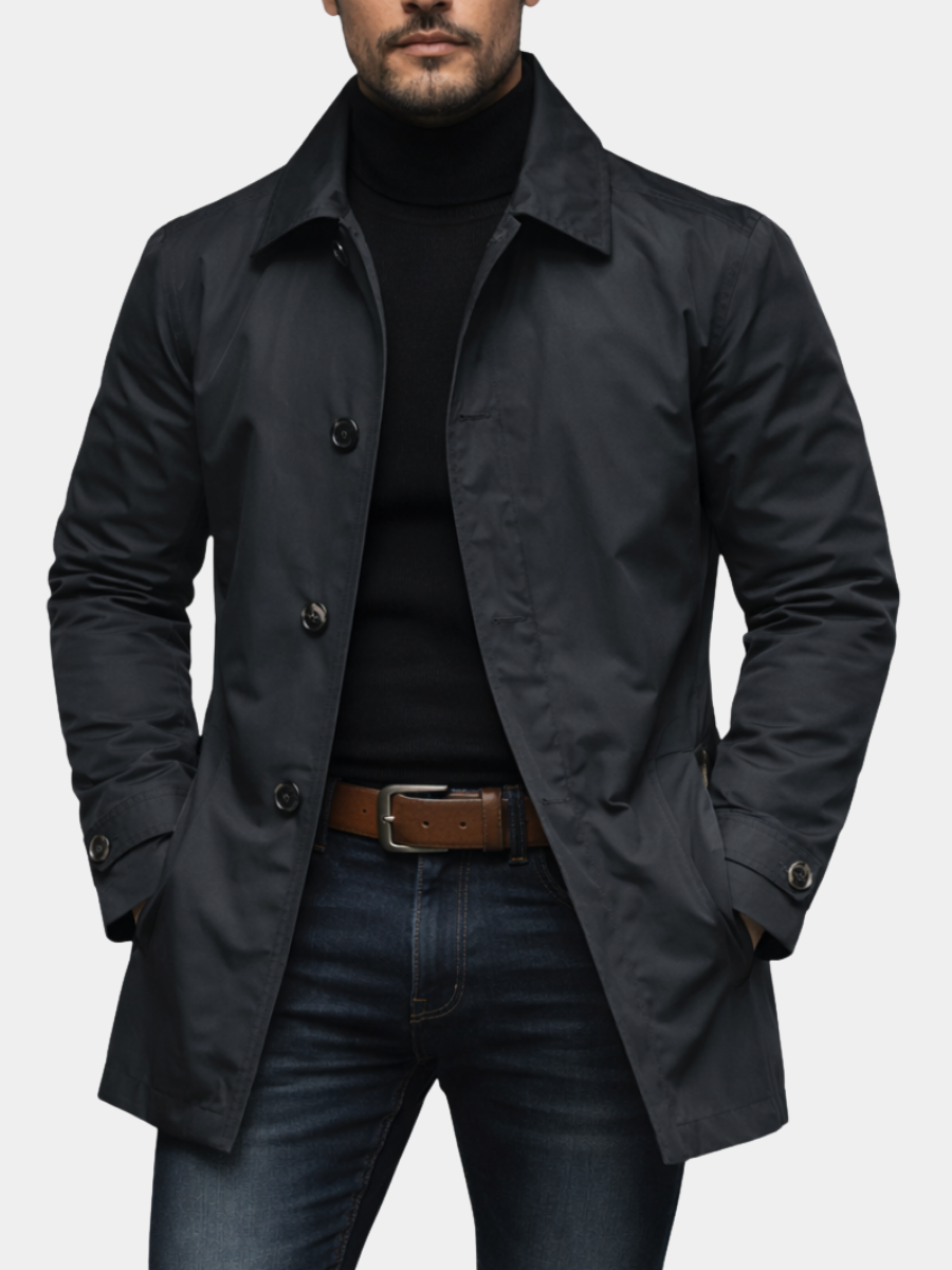 Modern Tailored Trench Coat for Men | Button-Up Mid-Length Design