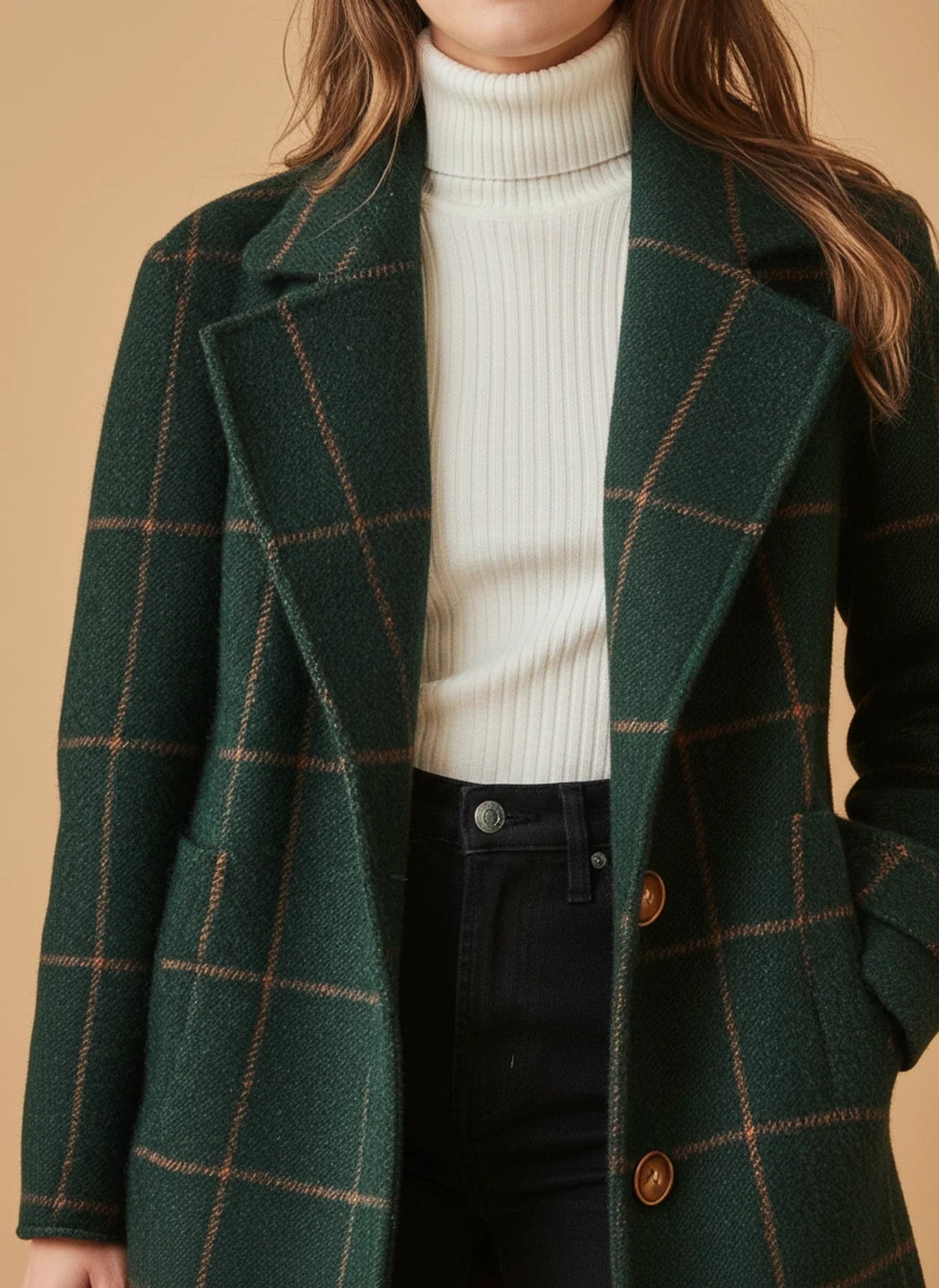 Elegant Plaid Long Coat for Women | Tailored Mid-Length Fit