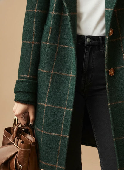 Elegant Plaid Long Coat for Women | Tailored Mid-Length Fit