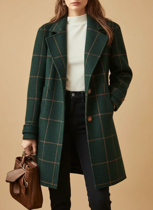 Elegant Plaid Long Coat for Women | Tailored Mid-Length Fit