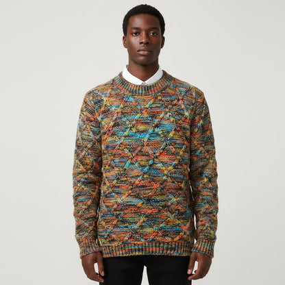 Vibrant Pattern Knit Sweater for Men | Multicolor Textured Design