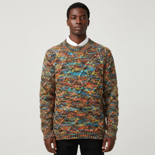Vibrant Pattern Knit Sweater for Men | Multicolor Textured Design