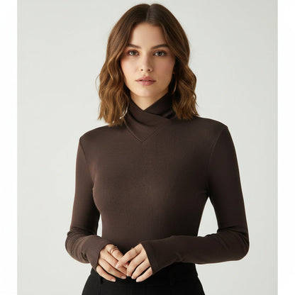 Elegant Ribbed High-Neck Top for Women | Slim Fit Long Sleeve