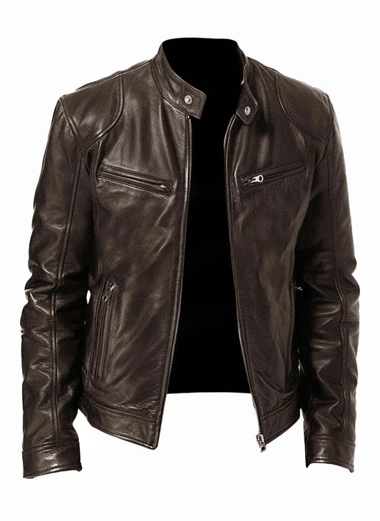 Classic Leather Biker Jacket for Men | Slim Fit Zip-Up Design