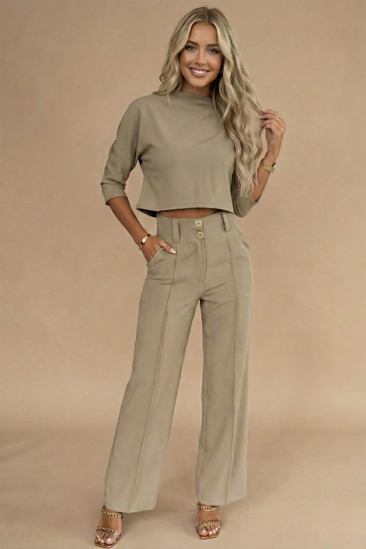 Elegant Two Piece Set for Women | Cropped Top & High Waist Pants Outfit