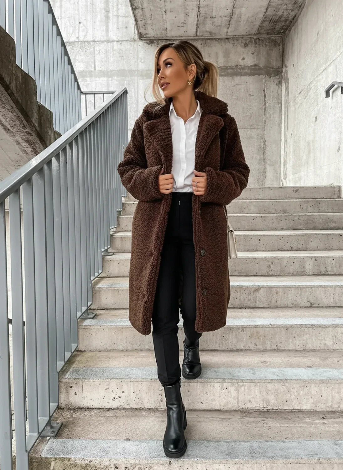 Classic Teddy Coat for Women | Longline Button Front Overcoat