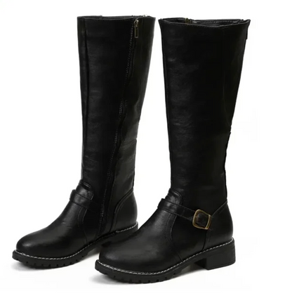 Elegant Knee High Boots for Women | Buckle Strap Detail & Comfortable Block Heel