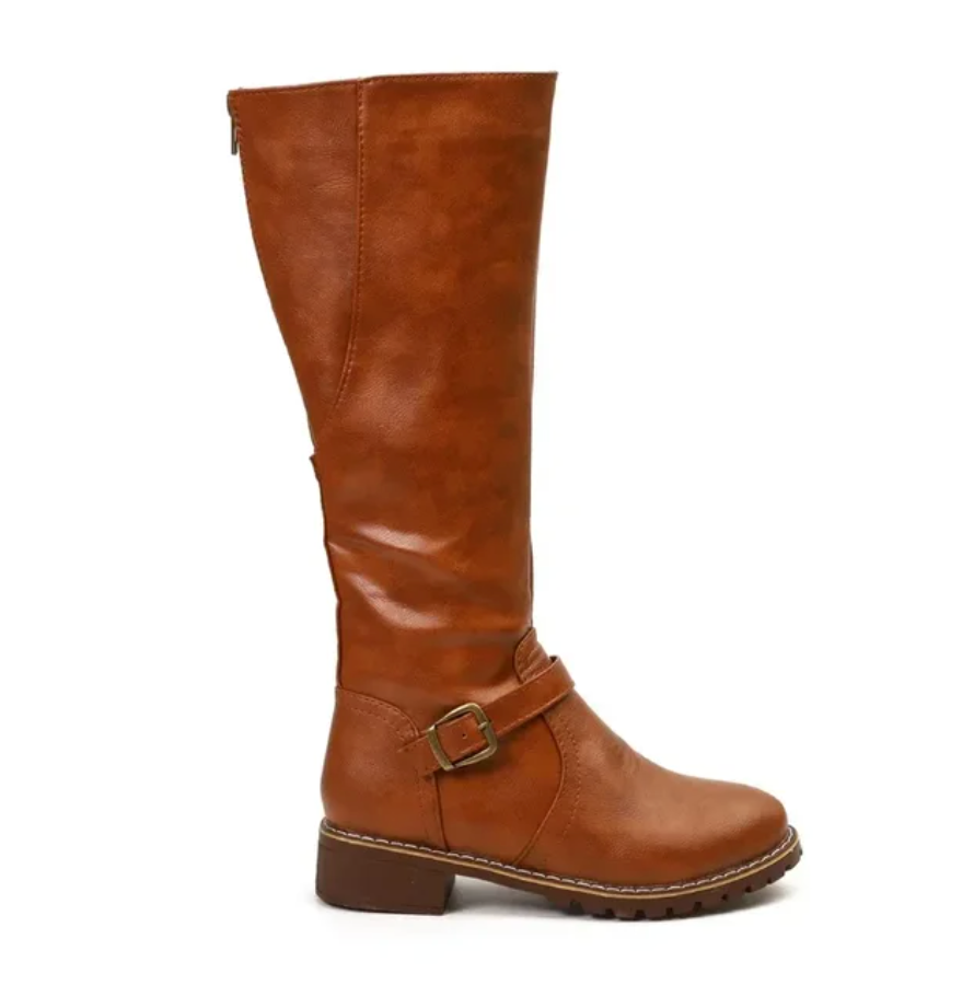 Elegant Knee High Boots for Women | Buckle Strap Detail & Comfortable Block Heel