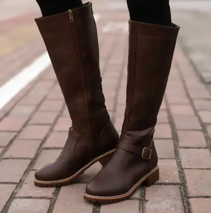 Elegant Knee High Boots for Women | Buckle Strap Detail & Comfortable Block Heel