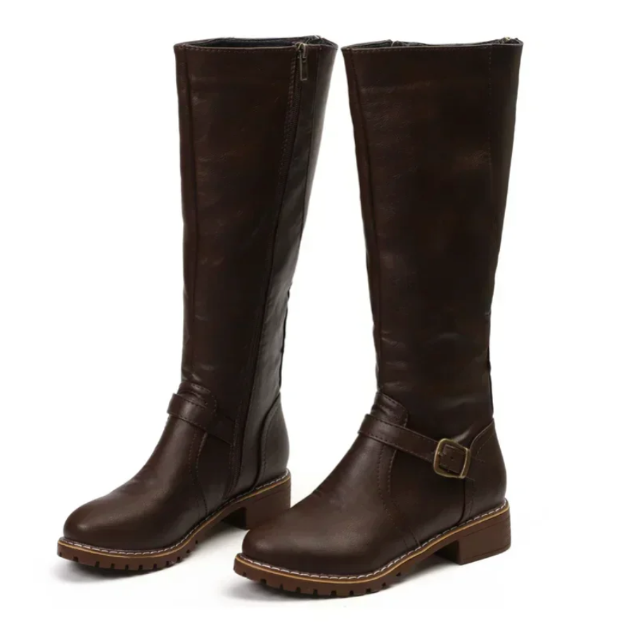 Elegant Knee High Boots for Women | Buckle Strap Detail & Comfortable Block Heel