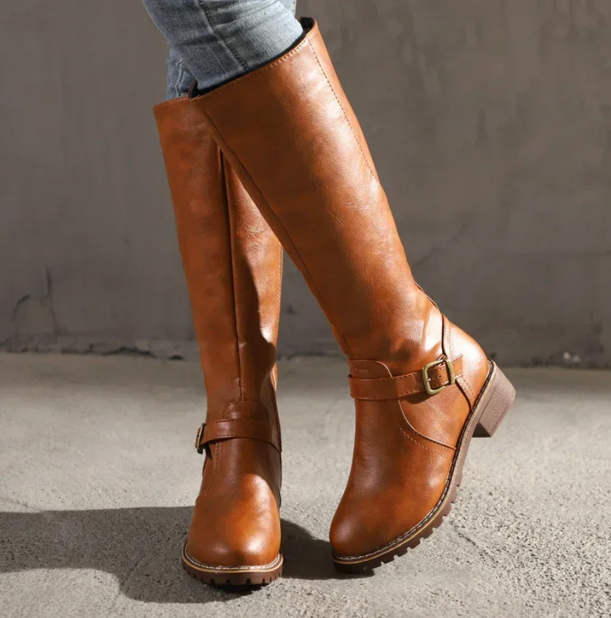 Elegant Knee High Boots for Women | Buckle Strap Detail & Comfortable Block Heel