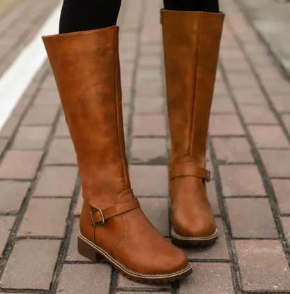 Elegant Knee High Boots for Women | Buckle Strap Detail & Comfortable Block Heel