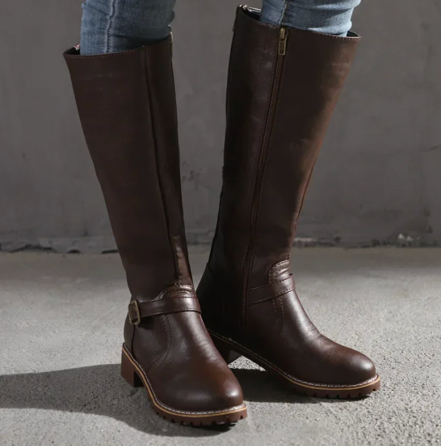 Elegant Knee High Boots for Women | Buckle Strap Detail & Comfortable Block Heel