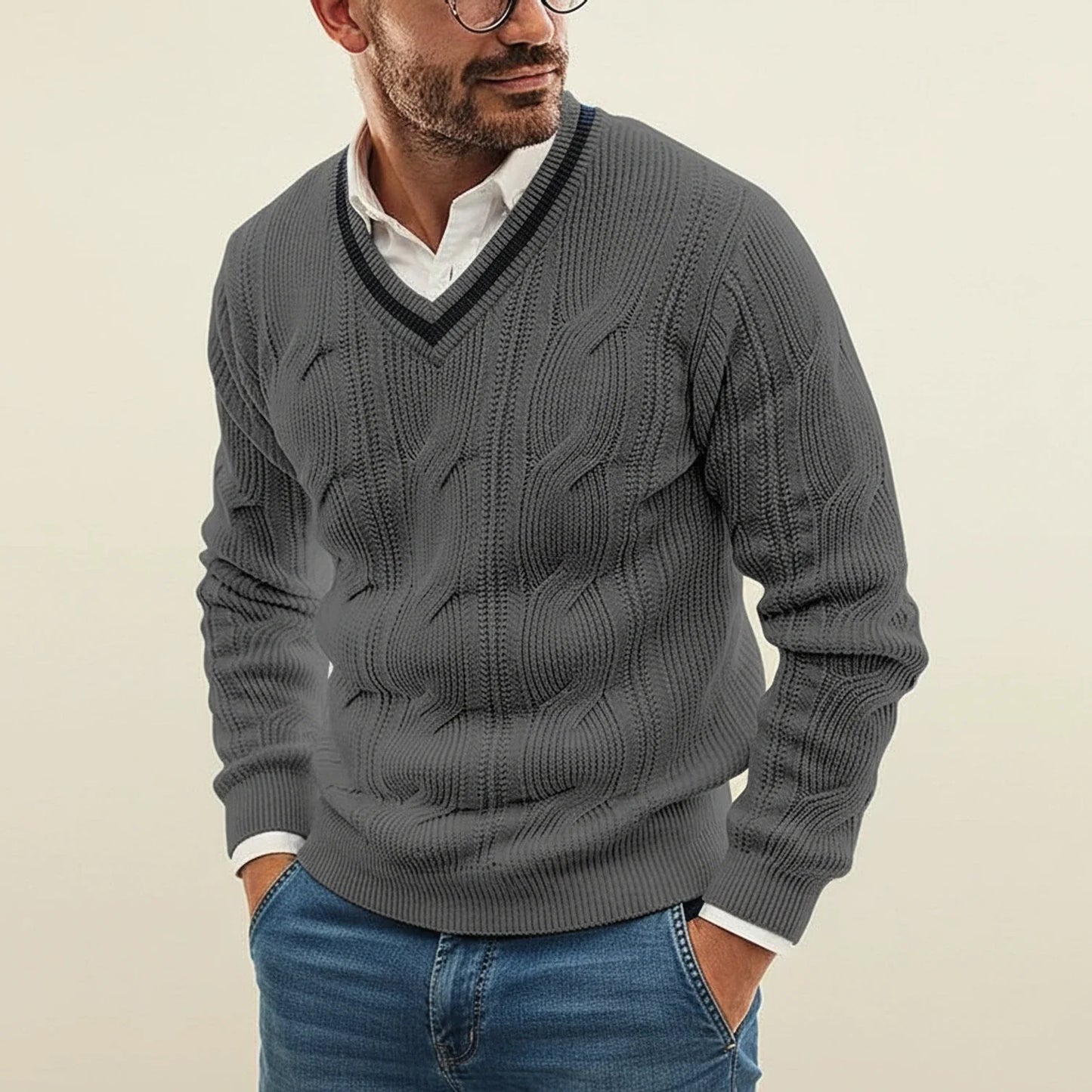 Timeless Cable V-Neck Sweater for Men | Structured Knit Design