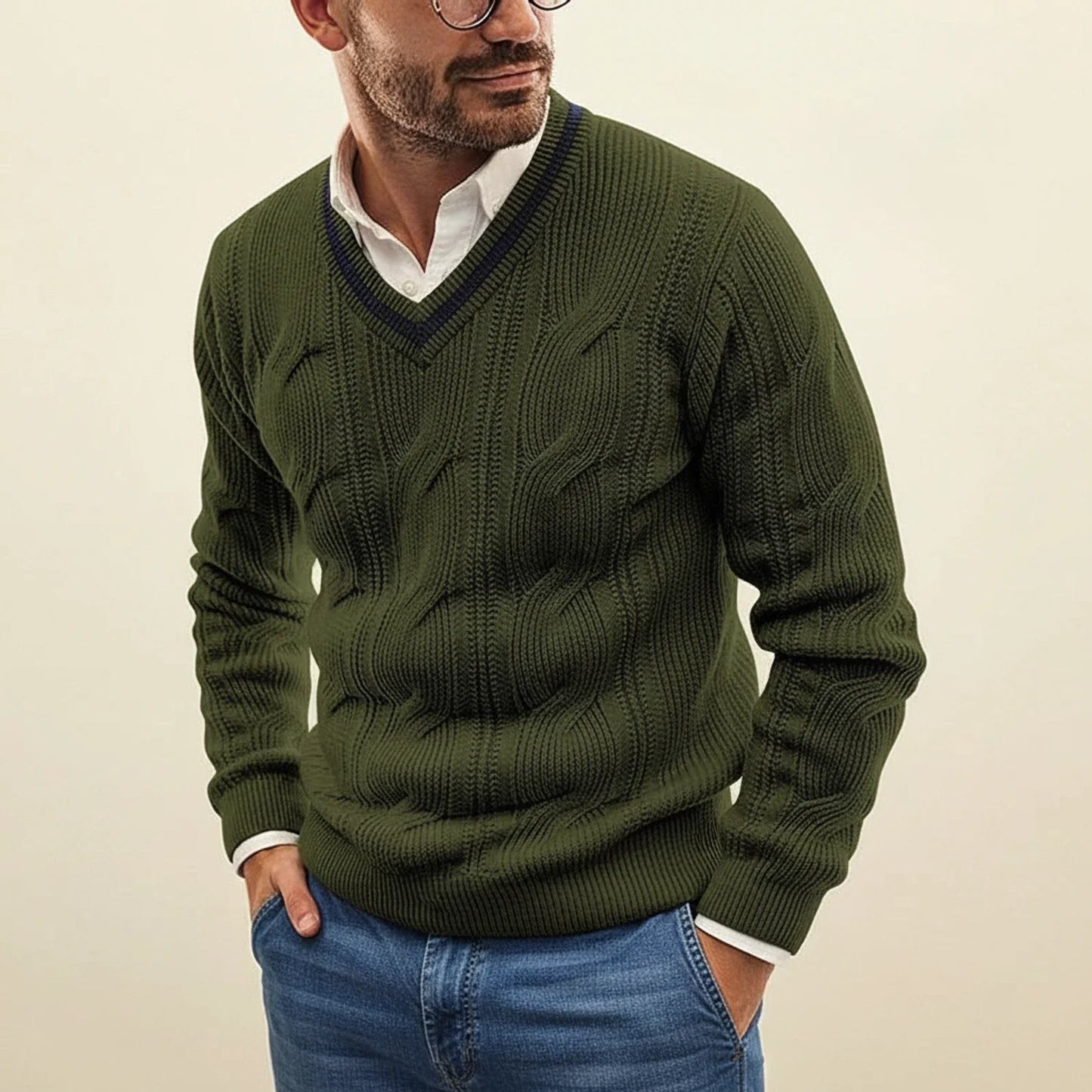 Timeless Cable V-Neck Sweater for Men | Structured Knit Design