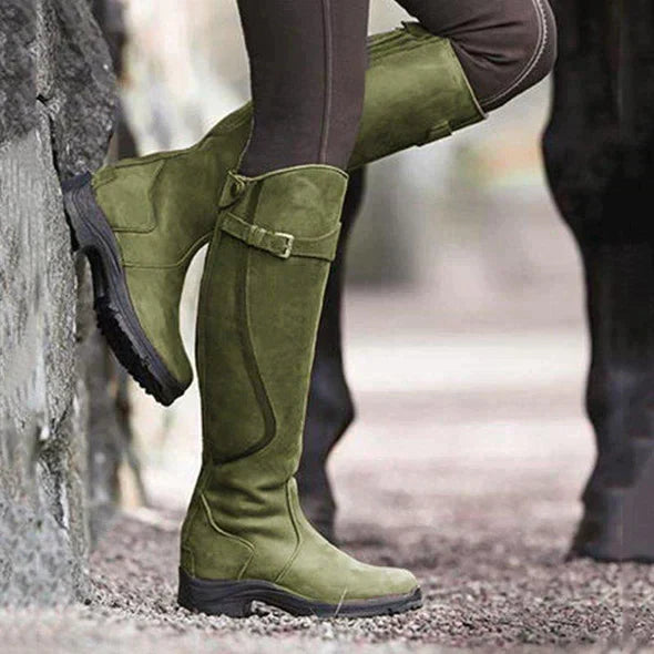 Rugged Knee High Boots for Women | Buckle Strap Detail & Durable Grip Sole